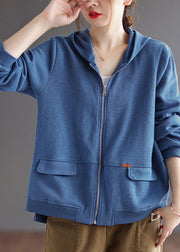 Blue Zippered Cotton Hoodie Coat Long Sleeve