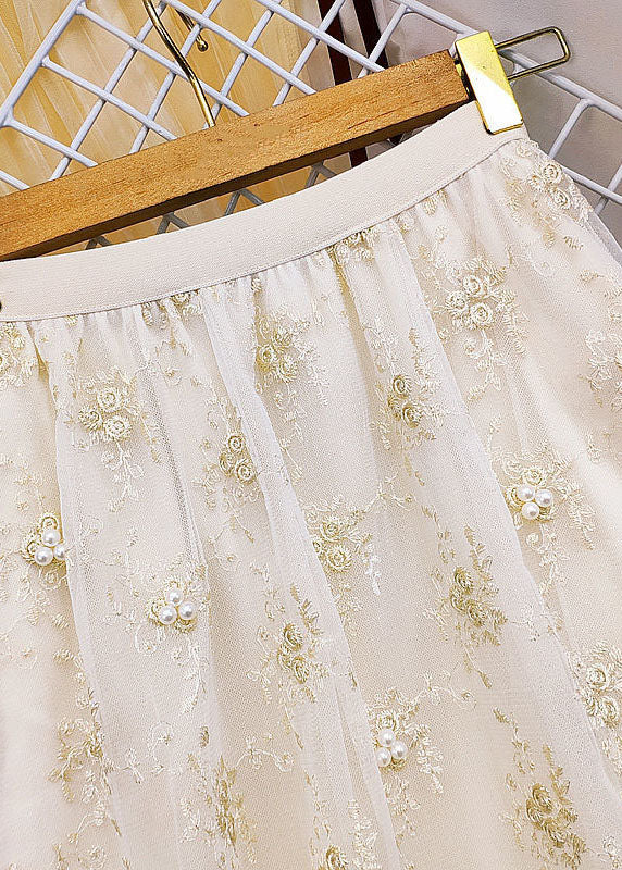 Bohemian Apricot Elastic Waist Embroideried Nail Bead Tulle Skirts Summer