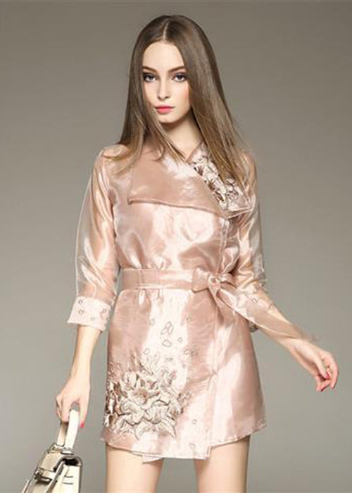 Bohemian Apricot Embroideried Organza Dress And Trench Two Piece Set Outfits Spring