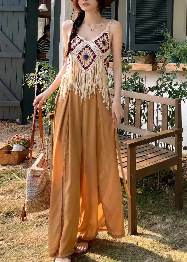 Bohemian Apricot Hollow Out Tasseled Strap Tank Summer