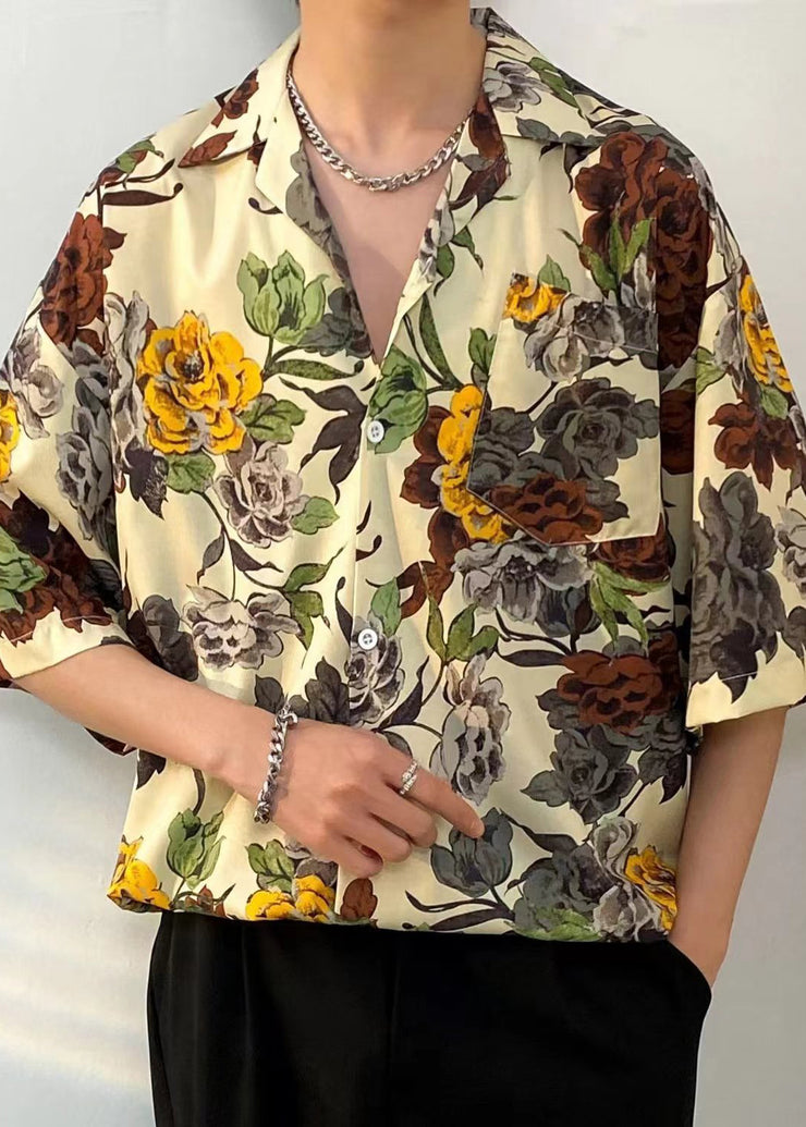 Bohemian Apricot Print Button Cotton Men Shirt Summer