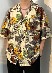 Bohemian Apricot Print Button Cotton Men Shirt Summer