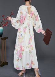 Bohemian Apricot Ruffled Print Chiffon Long Dresses Spring