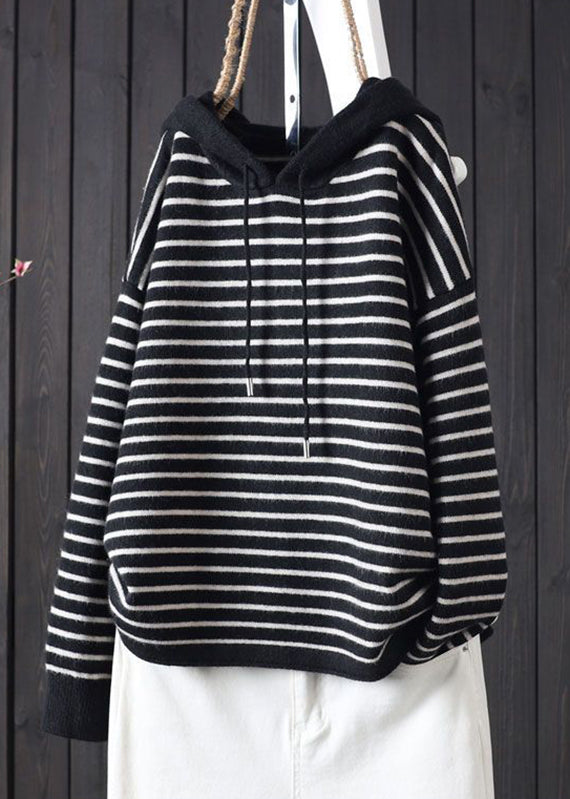 Bohemian Apricot Striped Patchwork Drawstring Hooded Knitted Cotton Thread Sweaters Fall