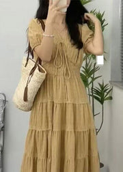 Bohemian Apricot V Neck Cinched Patchwork Long Dress Short Sleeve