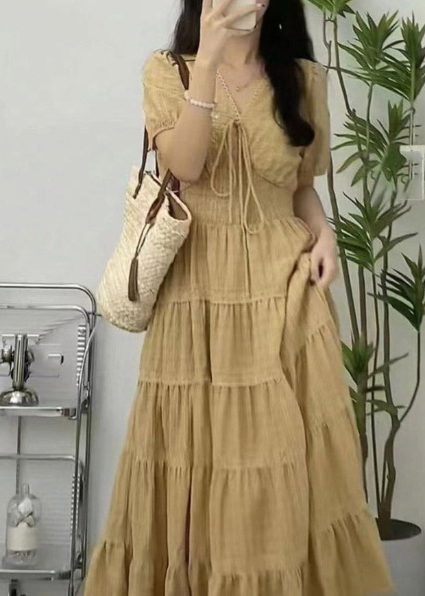 Bohemian Apricot V Neck Cinched Patchwork Long Dress Short Sleeve