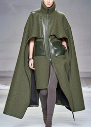 Bohemian Army Green Asymmetrical Patchwork Woolen Coats Fall