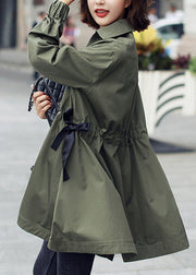 Bohemian Army Green Peter Pan Collar Zippered Drawstring Cotton Long Trench Coats Spring