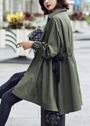 Bohemian Army Green Peter Pan Collar Zippered Drawstring Cotton Long Trench Coats Spring