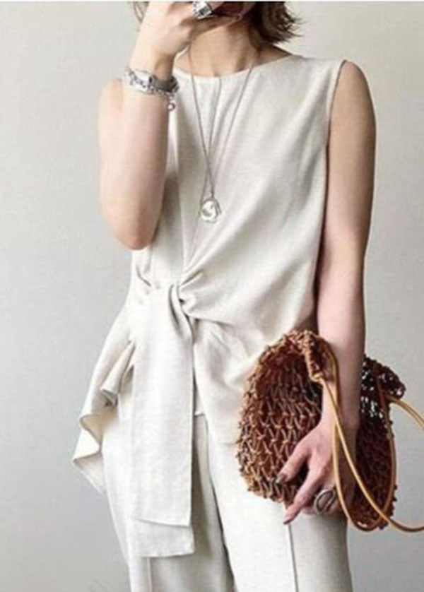 Bohemian Beige Asymmetrical Design Slim Fit Cotton Tops Sleeveless