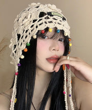 Bohemian Beige Floral Tassel Hollow Out Knit Boonie Hat