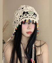 Bohemian Beige Floral Tassel Hollow Out Knit Boonie Hat