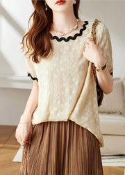 Bohemian Beige O-Neck Chiffon T Shirts Short Sleeve