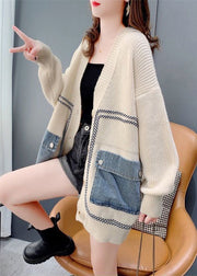 Bohemian Beige Oversized Denim Patchwork Knit Cardigan Winter