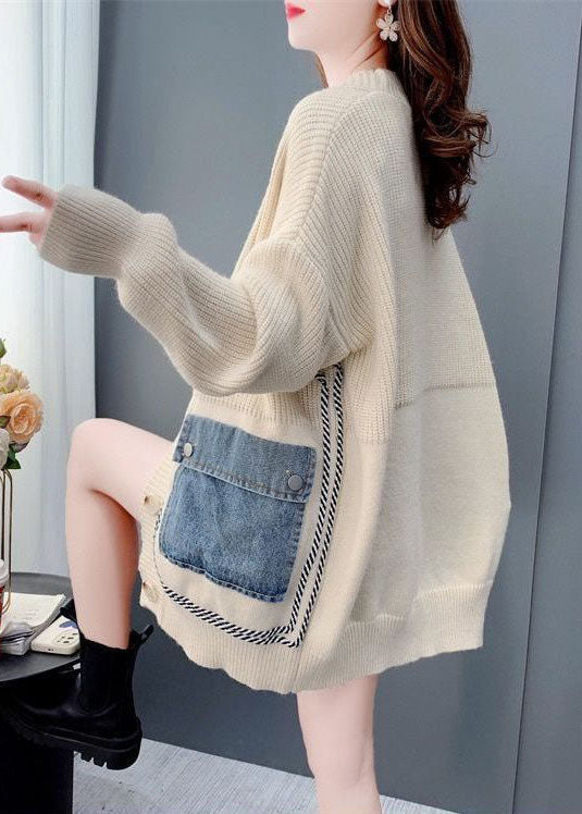 Bohemian Beige Oversized Denim Patchwork Knit Cardigan Winter