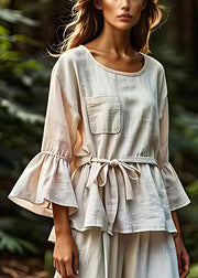 Bohemian Beige Pockets Tie Waist Cotton Blouse Flare Sleeve