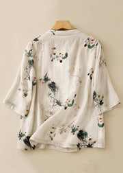 Bohemian Beige Stand Collar Print Linen Tops Summer