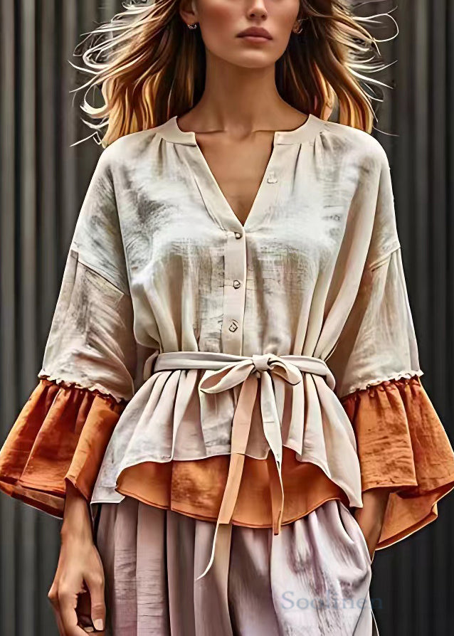 Bohemian Beige V Neck Button Tie Waist Cotton Blouses Fall