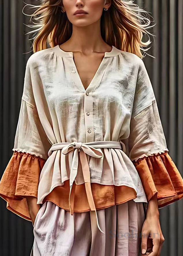 Bohemian Beige V Neck Button Tie Waist Cotton Blouses Fall