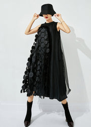 Bohemian Black Asymmetrical Patchwork Wrinkled Tulle Maxi Dress Sleeveless