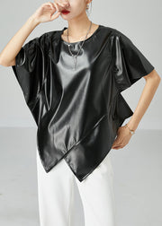 Bohemian Black Asymmetrical Patchwork Leather Tanks Short Sleeve