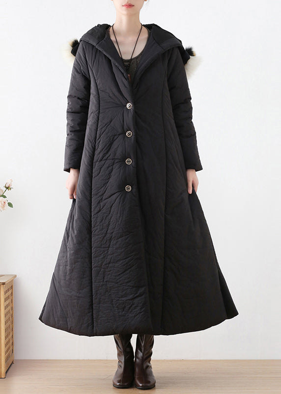 Bohemian Black Button Hooded Long Parka Winter