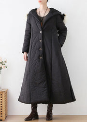 Bohemian Black Button Hooded Long Parka Winter