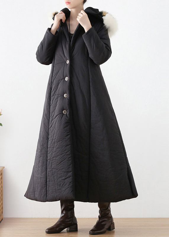 Bohemian Black Button Hooded Long Parka Winter