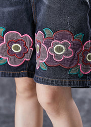 Bohemian Black Elastic Waist Embroideried Floral Denim Shorts Summer