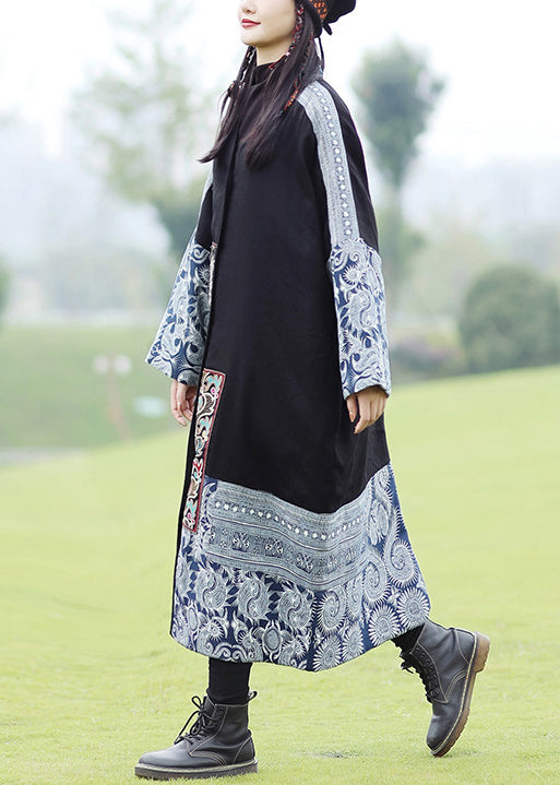 Bohemian Black Embroidered Patchwork Fine Cotton Filled Coat Spring