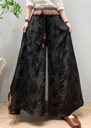 Bohemian Black Embroidered Patchwork Silk Wide Leg Pants Spring