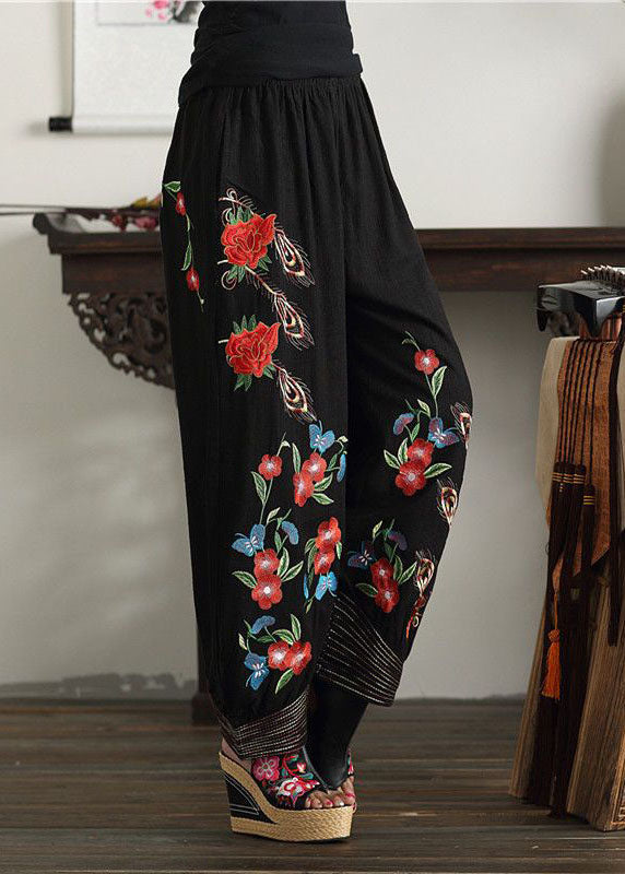 Bohemian Black Embroideried Elastic Waist Pockets Cotton Lantern Pants Spring