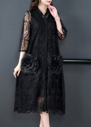 Bohemian Black Embroideried Floral Tulle Long Coats Half Sleeve