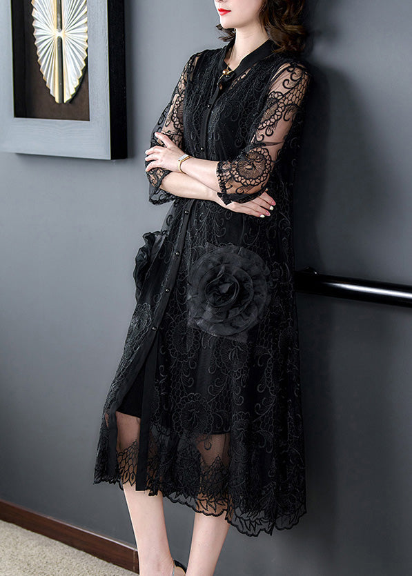 Bohemian Black Embroideried Floral Tulle Long Coats Half Sleeve