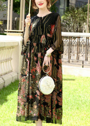 Bohemian Black Embroideried Lace Up Silk A Line Dresses Summer