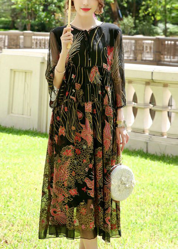 Bohemian Black Embroideried Lace Up Silk A Line Dresses Summer