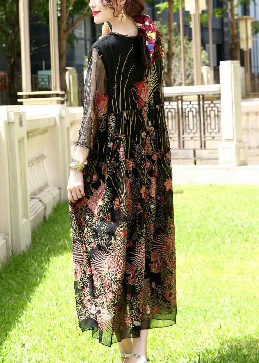 Bohemian Black Embroideried Lace Up Silk A Line Dresses Summer