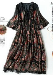 Bohemian Black Embroideried Lace Up Silk A Line Dresses Summer