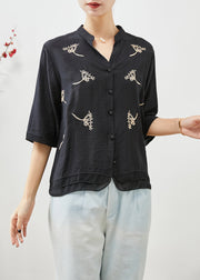 Bohemian Black Embroideried Patchwork Linen Shirt Top Half Sleeve