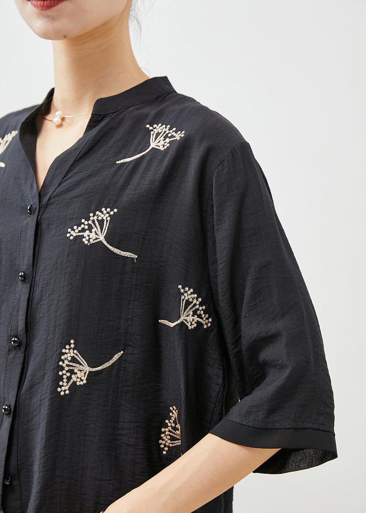 Bohemian Black Embroideried Patchwork Linen Shirt Top Half Sleeve