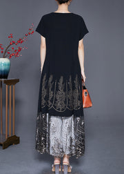 Bohemian Black Embroideried Tulle Patchwork Zircon Cotton Dress Summer