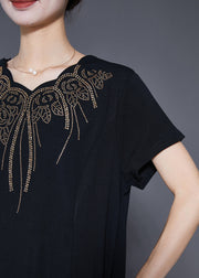 Bohemian Black Embroideried Tulle Patchwork Zircon Cotton Dress Summer