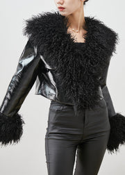 Bohemian Black Fur Collar Patchwork Faux Leather Coat Winter