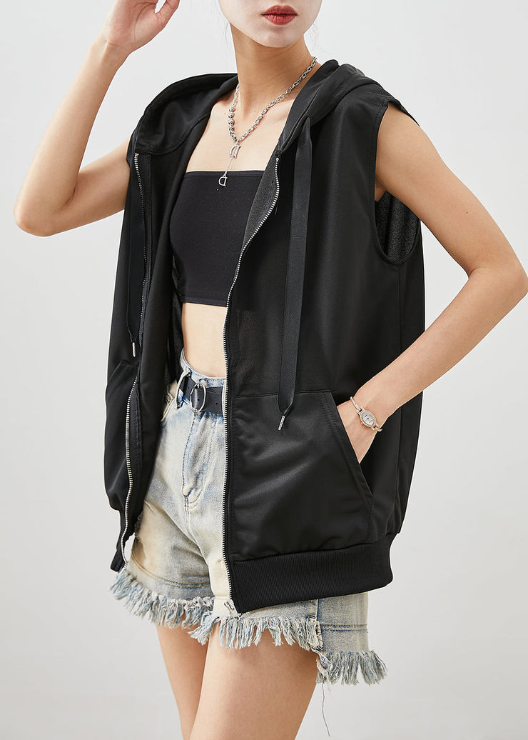 Bohemian Black Hooded Drawstring Cotton Vest Fall