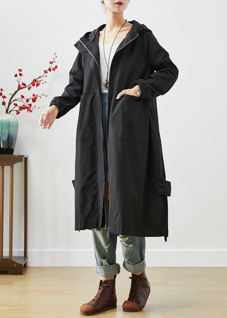 Bohemian Black Hooded Patchwork Pockets Spandex Coat Outwear Fall