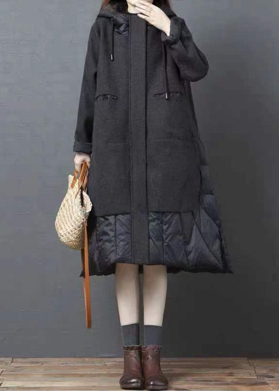 Bohemian Black Hooded Pockets Patchwork Thick Long Coat Winter