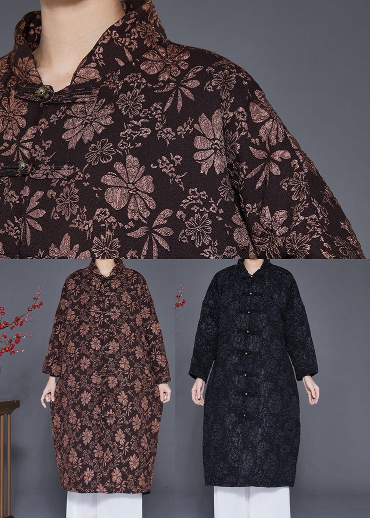 Bohemian Black Jacquard Chinese Button Fine Cotton Filled Parka Jacket Winter