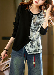 Bohemian Black O-Neck Asymmetrical Print Patchwork Tops Fall