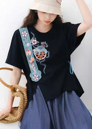 Bohemian Black O Neck Embroideried Cotton T Shirt Top Summer