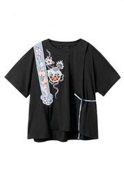 Bohemian Black O Neck Embroideried Cotton T Shirt Top Summer